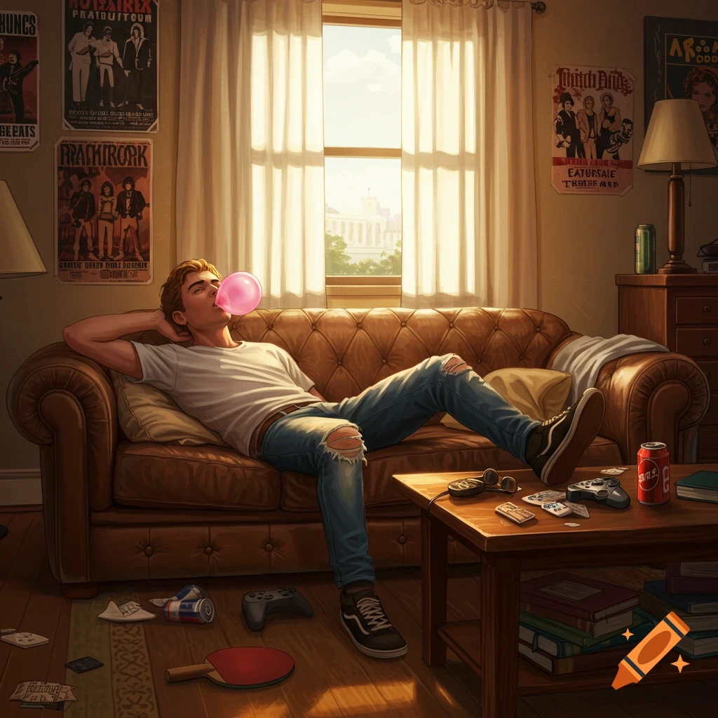 A young man in a t-shirt and ripped jeans reclines on a brown leather couch, blowing a pink bubble with gum, in a sunlit room with posters on the wall.