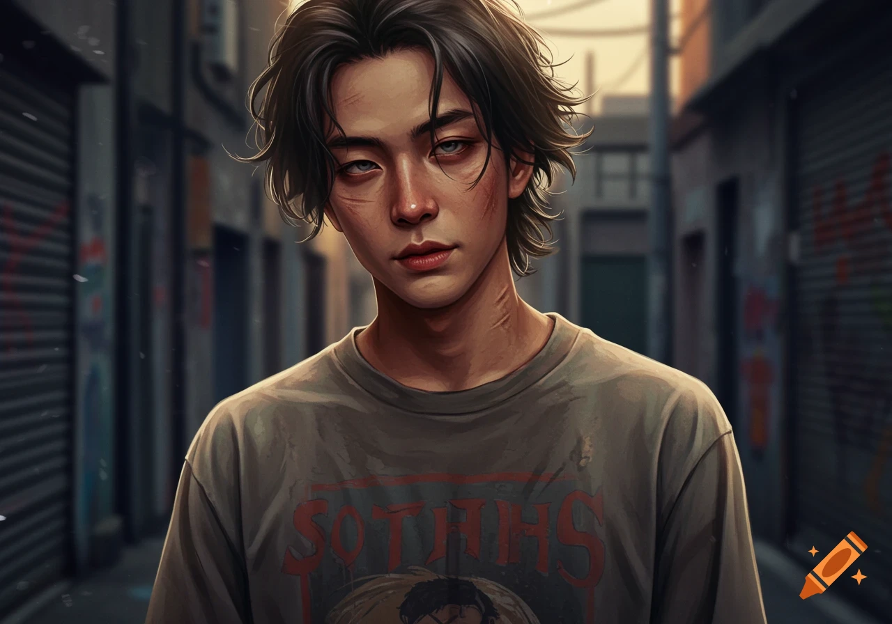 A stylized portrait of a young man with dark, messy hair and facial scars, wearing a distressed t-shirt in an urban alleyway.