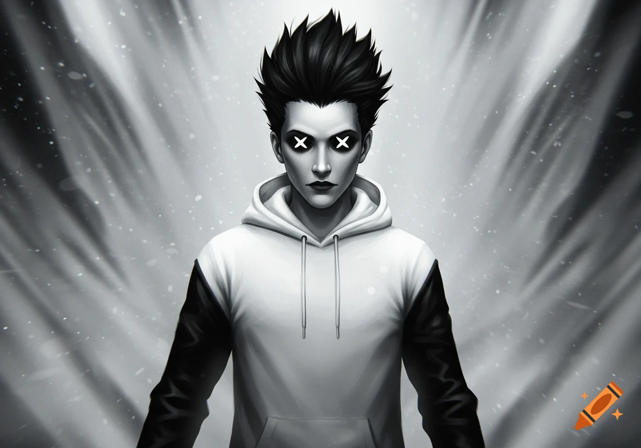 Stylized grayscale illustration of a man with spiky black hair and X-marked eyes, wearing a white and black hoodie, against a bright background.