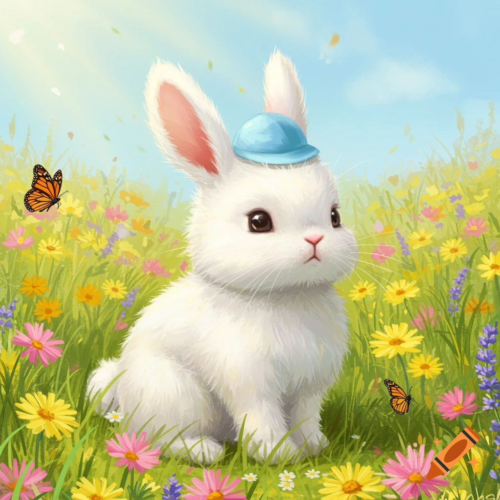A fluffy white bunny wearing a blue hat sits in a field of colorful wildflowers under a sunny sky with butterflies.
