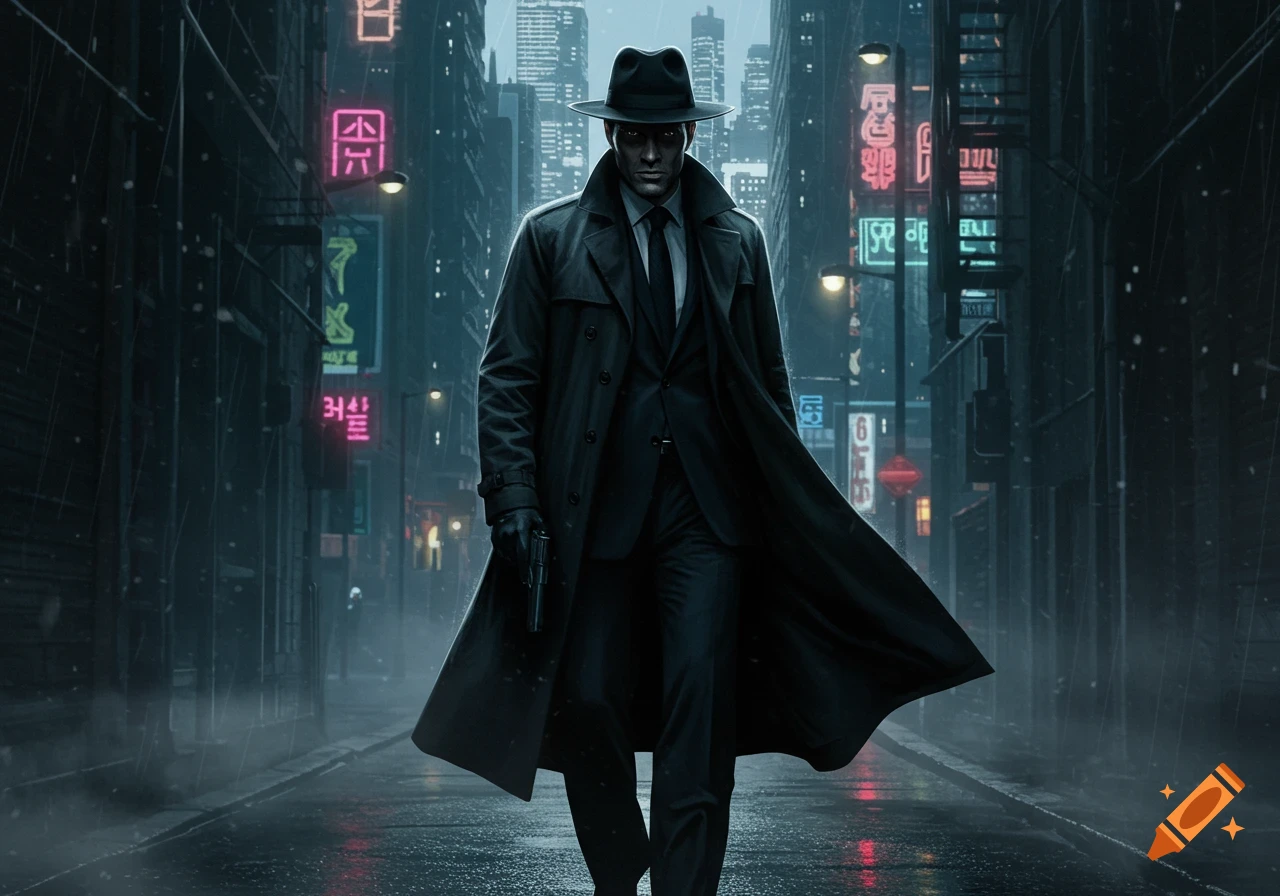 A man in a trench coat and hat walks through a rainy, neon-lit city street, holding a pistol. Photorealistic style.