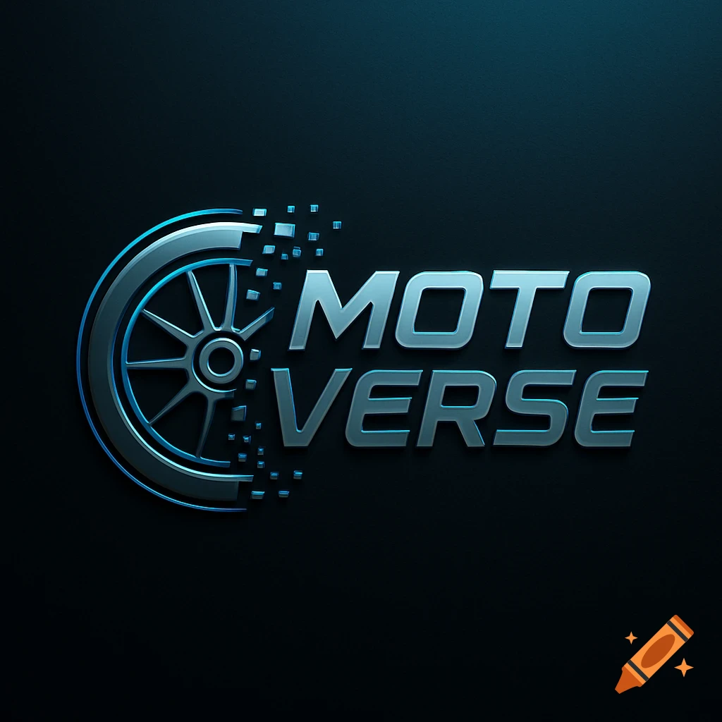 Sleek blue and silver 3D logo on dark background, with a disintegrating motorcycle wheel and the words MOTO VERSE.