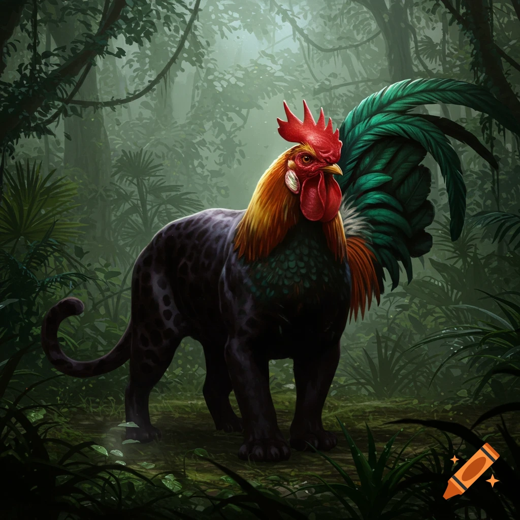 A majestic rooster-panther hybrid stands in a lush, misty jungle.