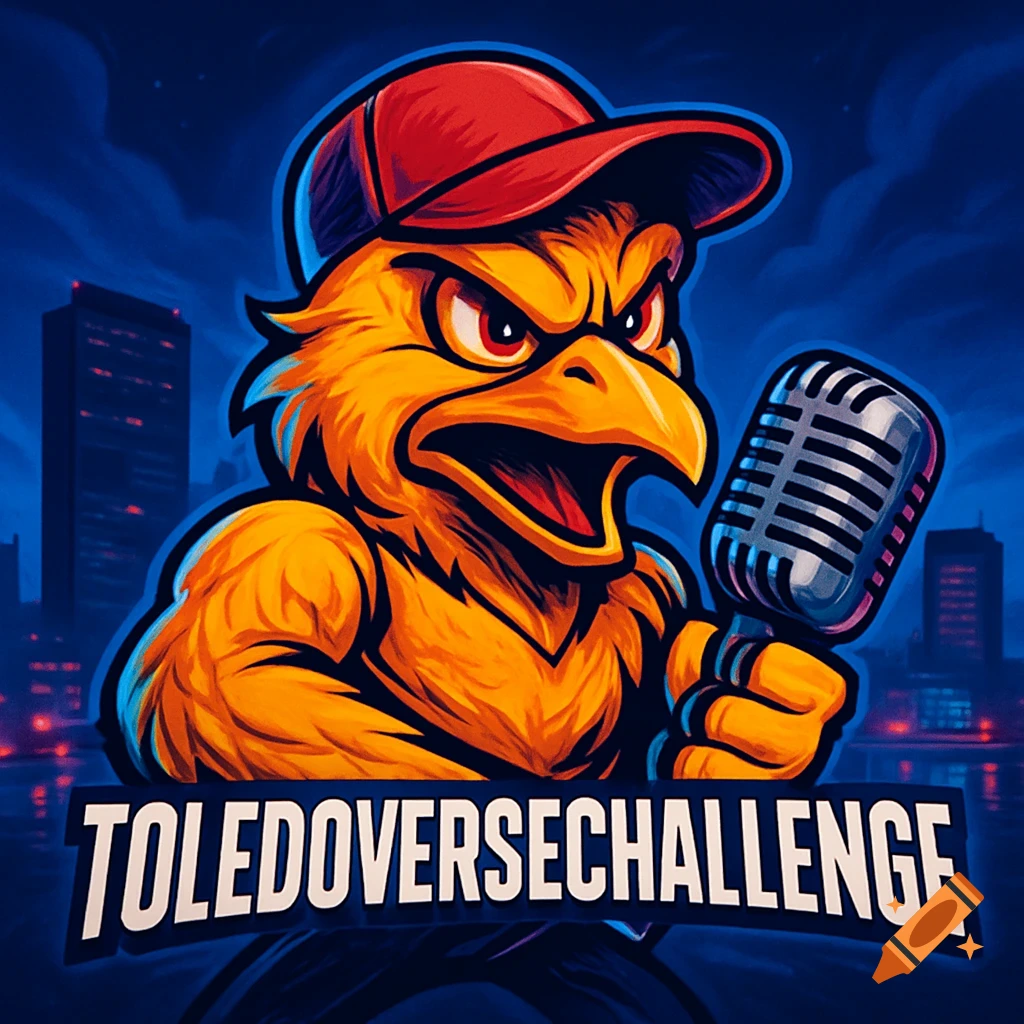 A cartoon bird mascot wearing a red baseball cap, holding a microphone, with 'TOLEDOVERSECHALLENGE' text, set against a dark city skyline.