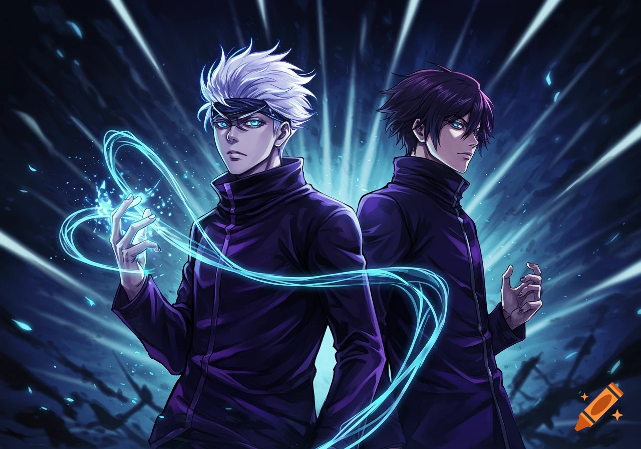 Two male anime characters in dark outfits. One has white hair, blue eyes, and a glowing blue aura around his hand. The other has dark hair and blue eyes, standing beside him against a dark, glowing background.