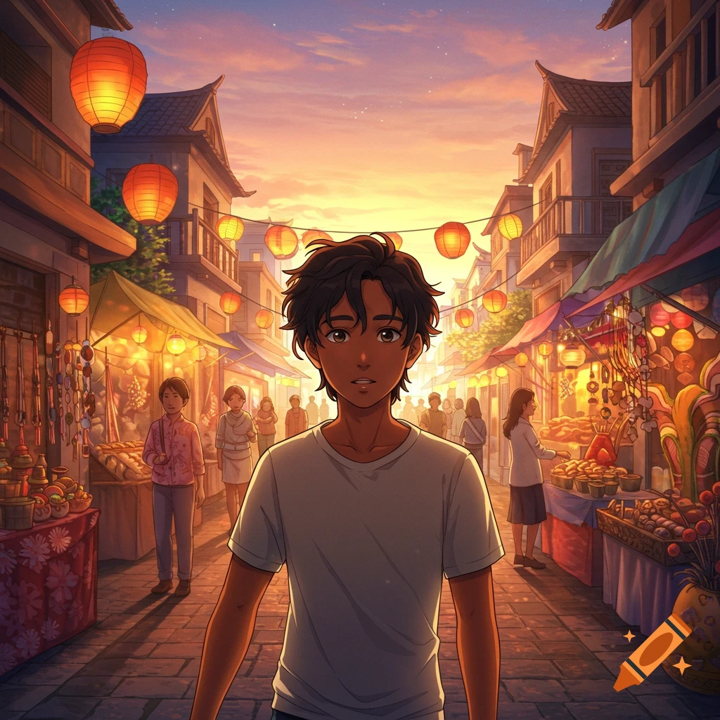 An anime boy with dark hair walks through a bustling market street adorned with glowing lanterns at sunset.