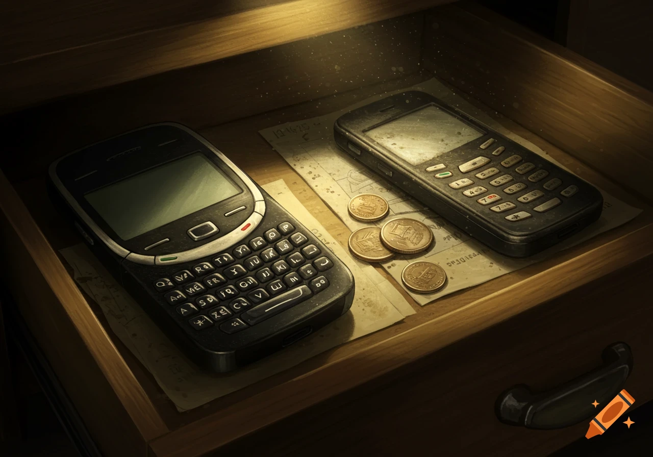 Close-up of two old, dusty cell phones and a stack of coins resting on paper inside a dimly lit wooden drawer.