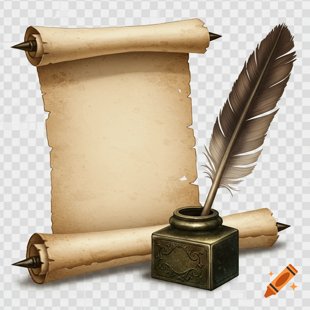 A photorealistic image of an old tattered scroll, a quill, and an inkwell on a transparent background.