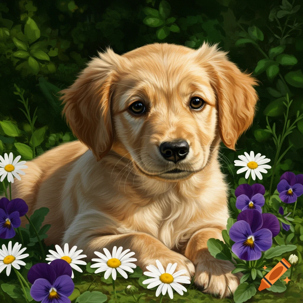 A cute golden retriever puppy lying among white daisies and purple pansies in a lush green garden.