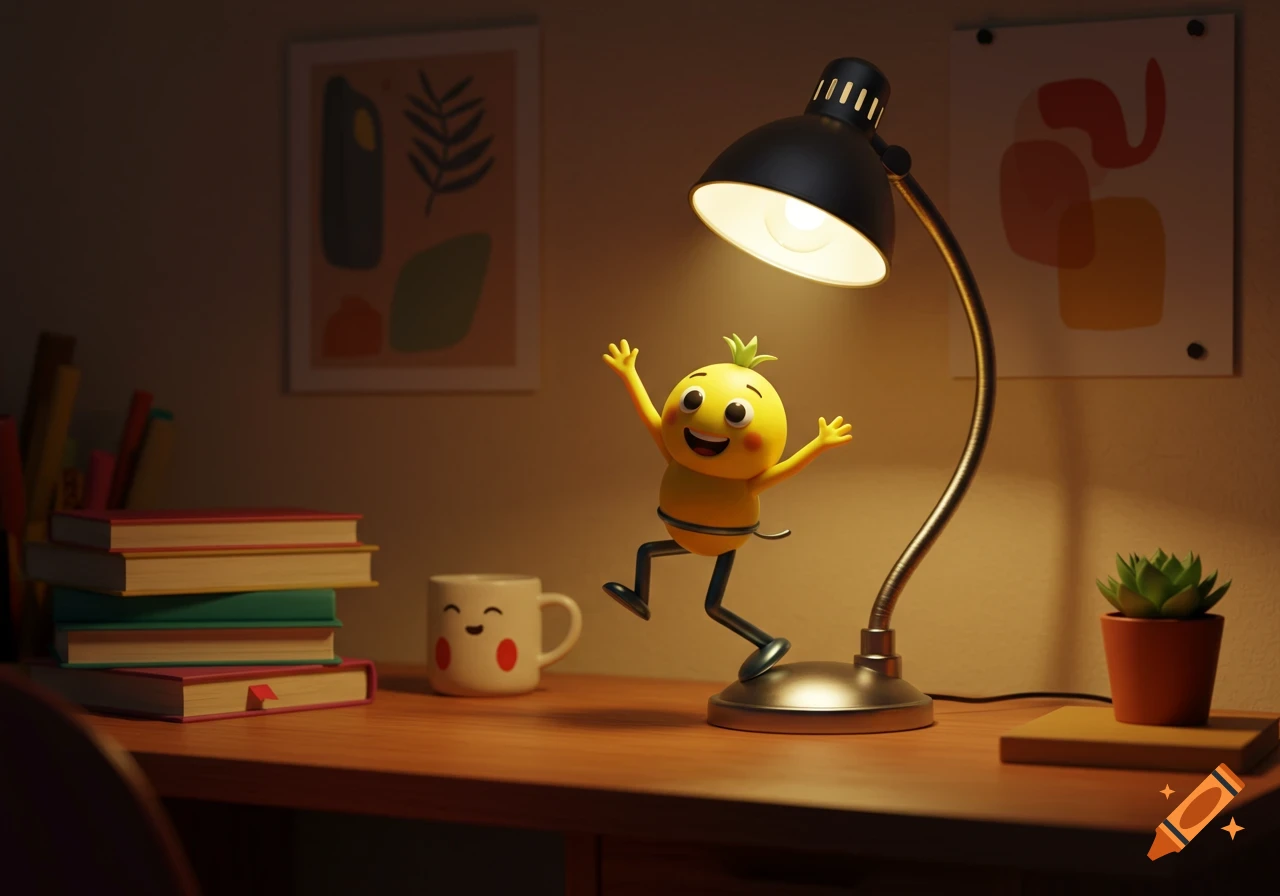 A cute yellow 3D cartoon character with green spiky hair jumps joyfully on a wooden desk under a lit black lamp, next to books, a mug, and a plant.