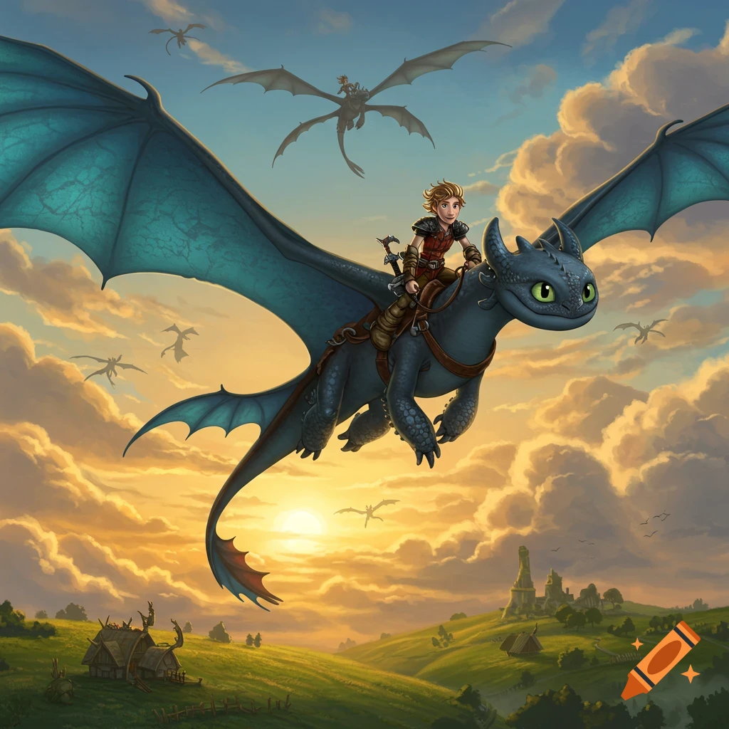 A young rider on a blue dragon flies through a cloudy sky at sunset over a green landscape with a village, in a cartoon style.