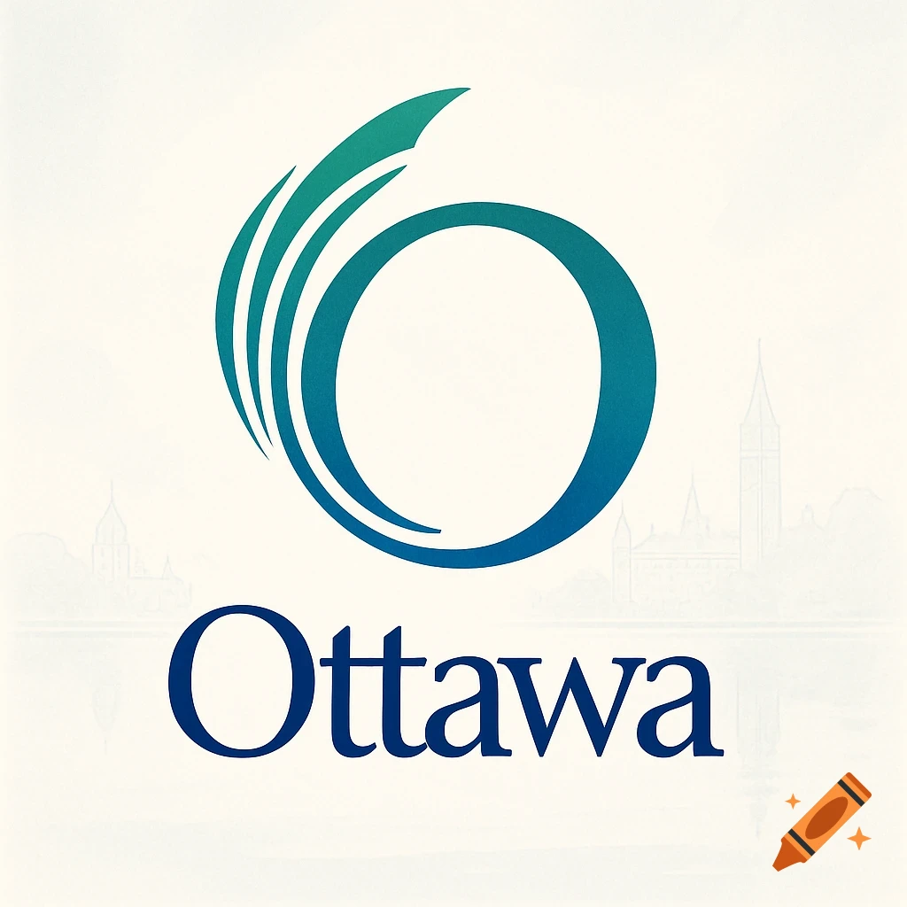 A blue and green stylized logo with a large 'O' shape and flowing lines, with the word 'Ottawa' below it, against a light background with subtle city outlines.
