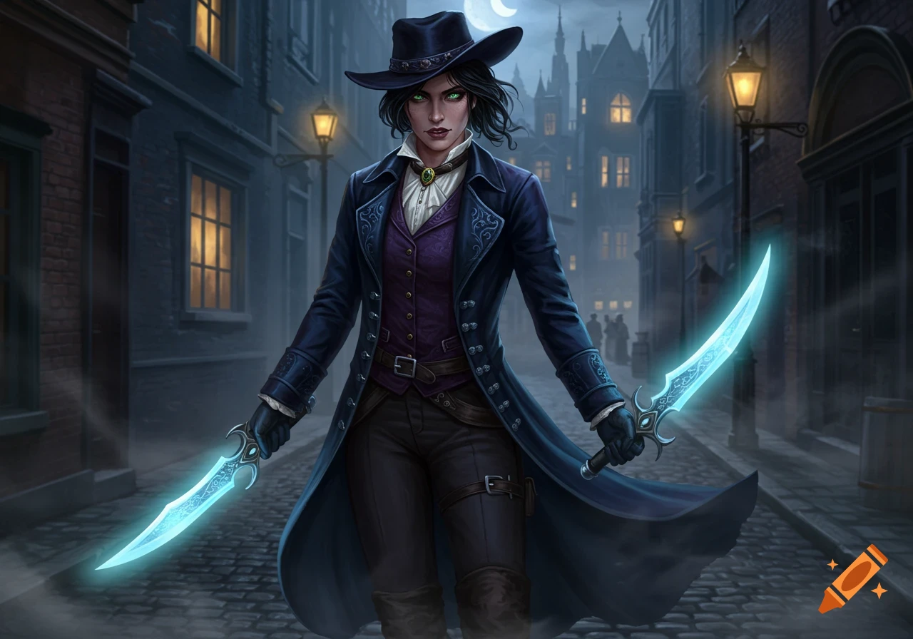 A female rogue in Victorian garb stands in a dark alley, holding two glowing swords.