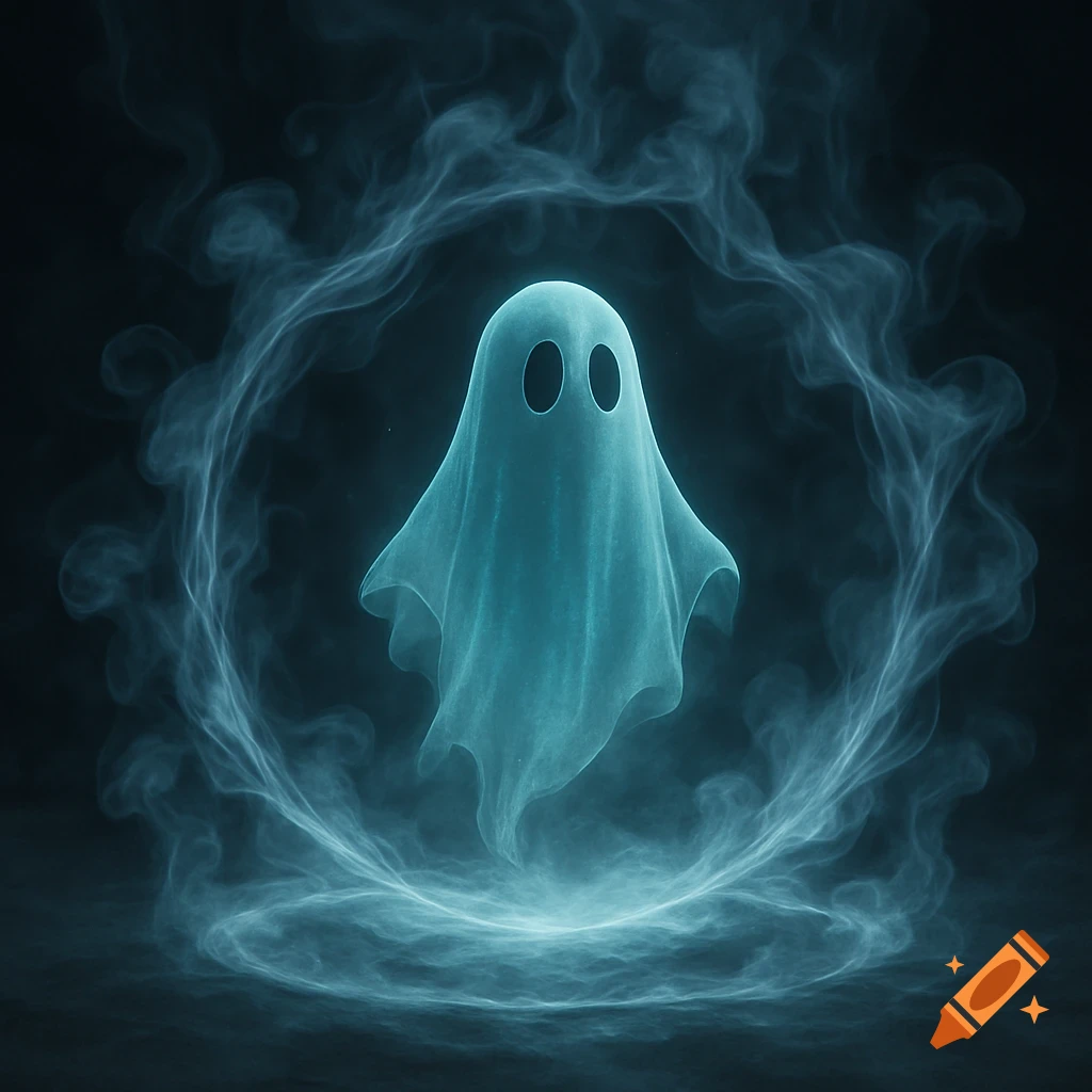 A translucent blue ghost with black oval eyes floats within a glowing circle of swirling smoke against a dark background.