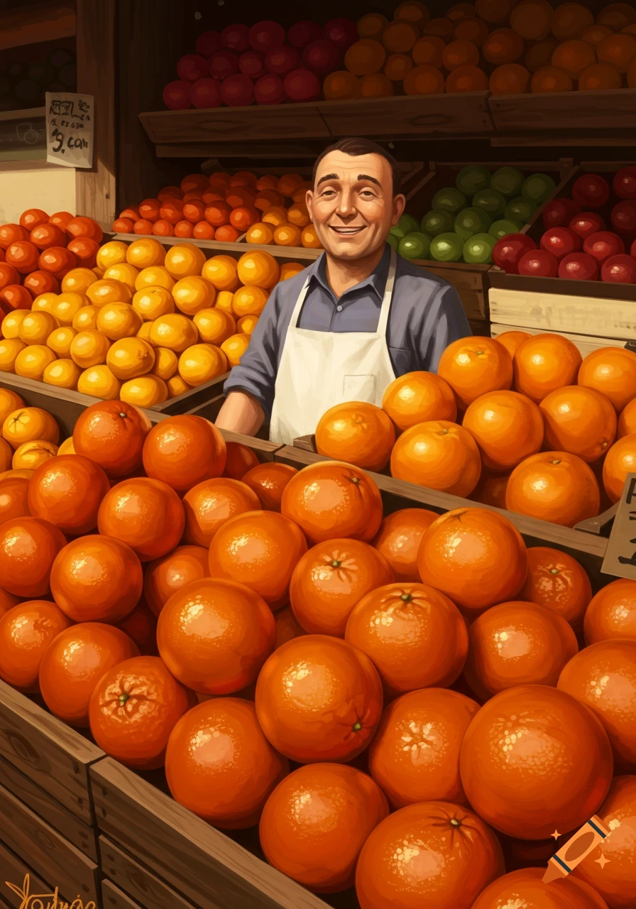 A smiling grocer stands behind a large display of oranges and other fresh fruit at a market stall.