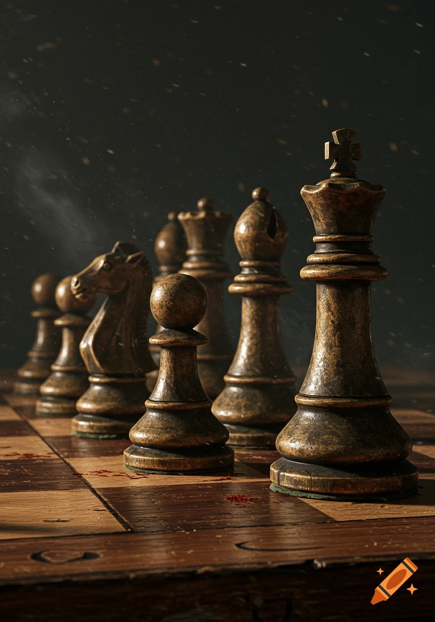 Close-up photorealistic shot of antique wooden chess pieces on a worn chessboard with dust particles.