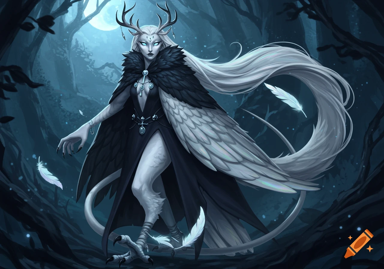 A pale, deer-horned, owl-winged creature with long white hair and talons stands in a dark, moonlit forest, wearing a black feathered cape and dress.