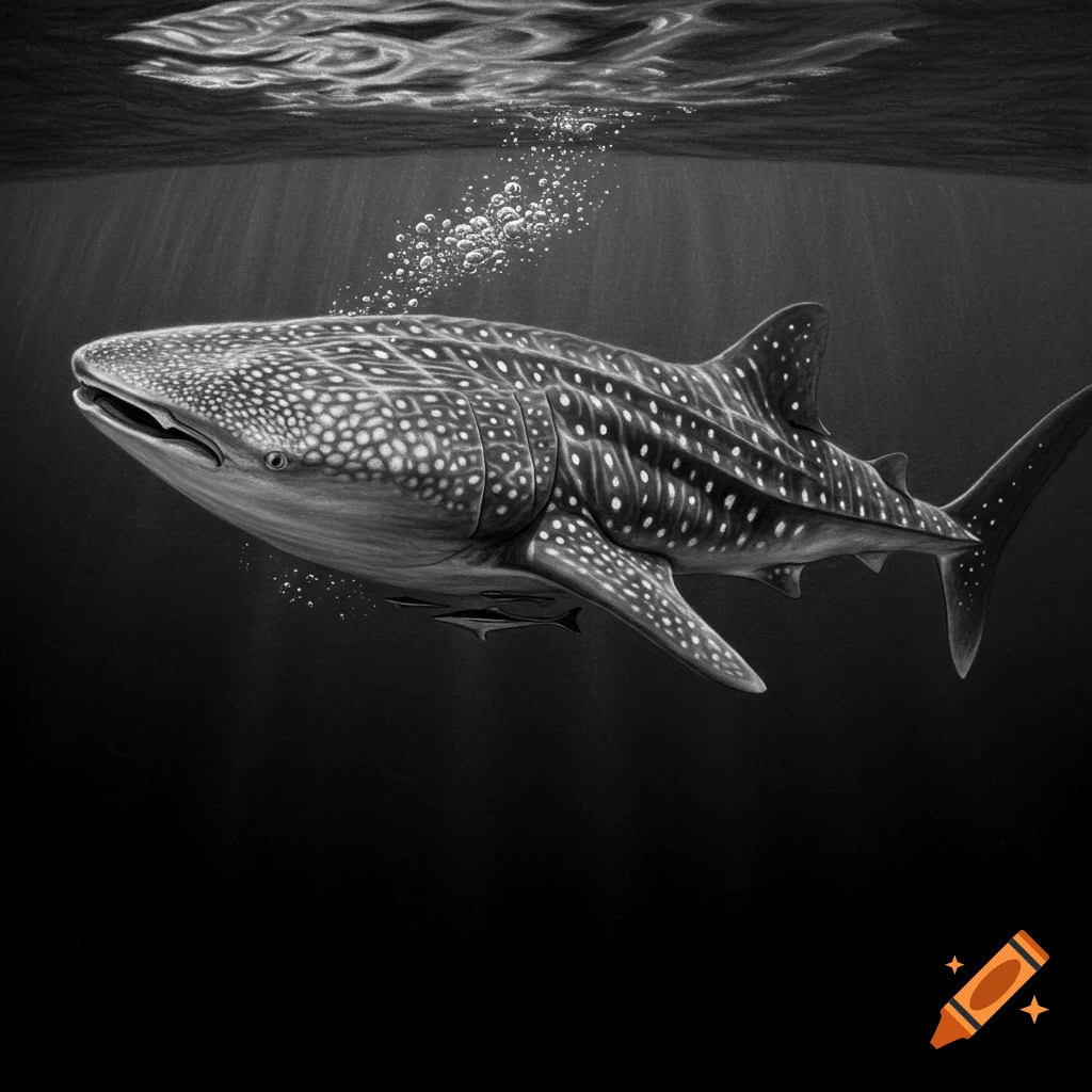 A detailed black and white illustration of a whale shark swimming underwater with light rays and bubbles.