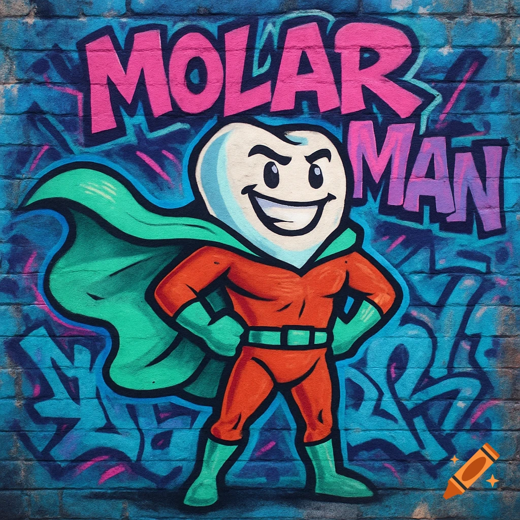 A cartoon superhero character (a tooth) in a red suit and green cape, rendered as graffiti art on a brick wall, with the words "MOLAR MAN" above it.