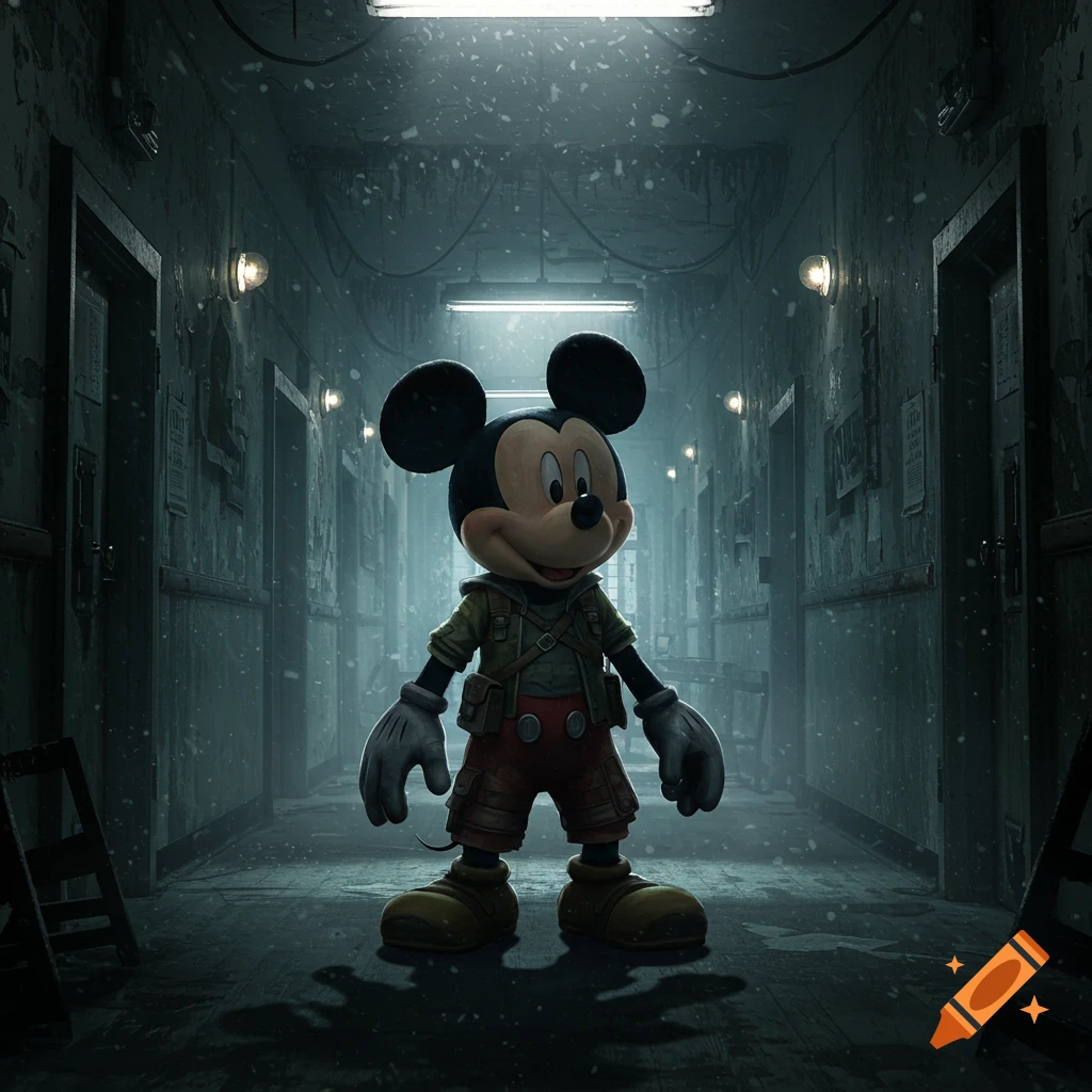Mickey Mouse wearing a military-style outfit stands in a dark, dilapidated, and eerie hallway with dim lighting and falling dust particles.