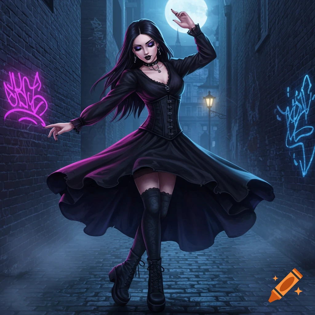 A stylized digital art image of a goth girl in a black dress and boots dancing in a dark alley at night under a full moon, with neon graffiti.