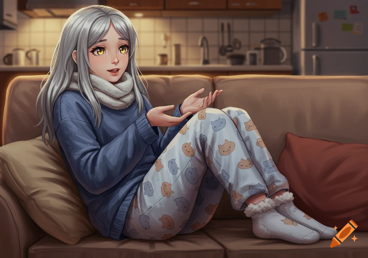 Anime girl with gray hair and yellow eyes, wearing a blue sweater and cat-print pajamas, sitting on a couch.