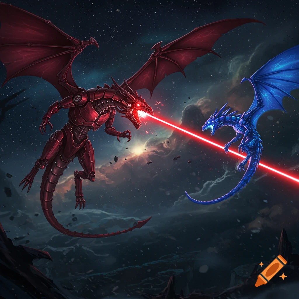 A red cyborg dragon shooting a laser at a blue dragon in space.
