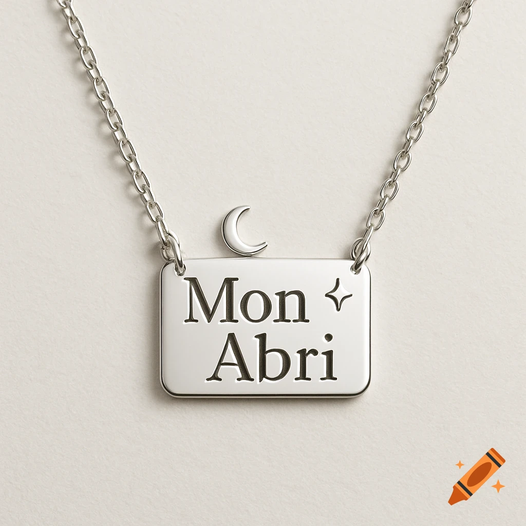 Silver chain necklace with rectangular pendant engraved 'Mon Abri', a moon, and a star.