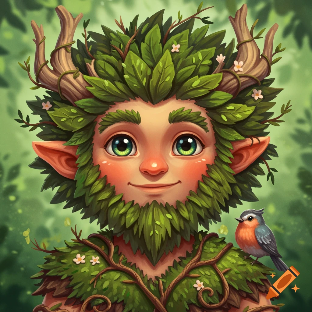 A cute cartoon forest spirit with green eyes, leafy hair and beard, small antlers, and a little bird on its shoulder.