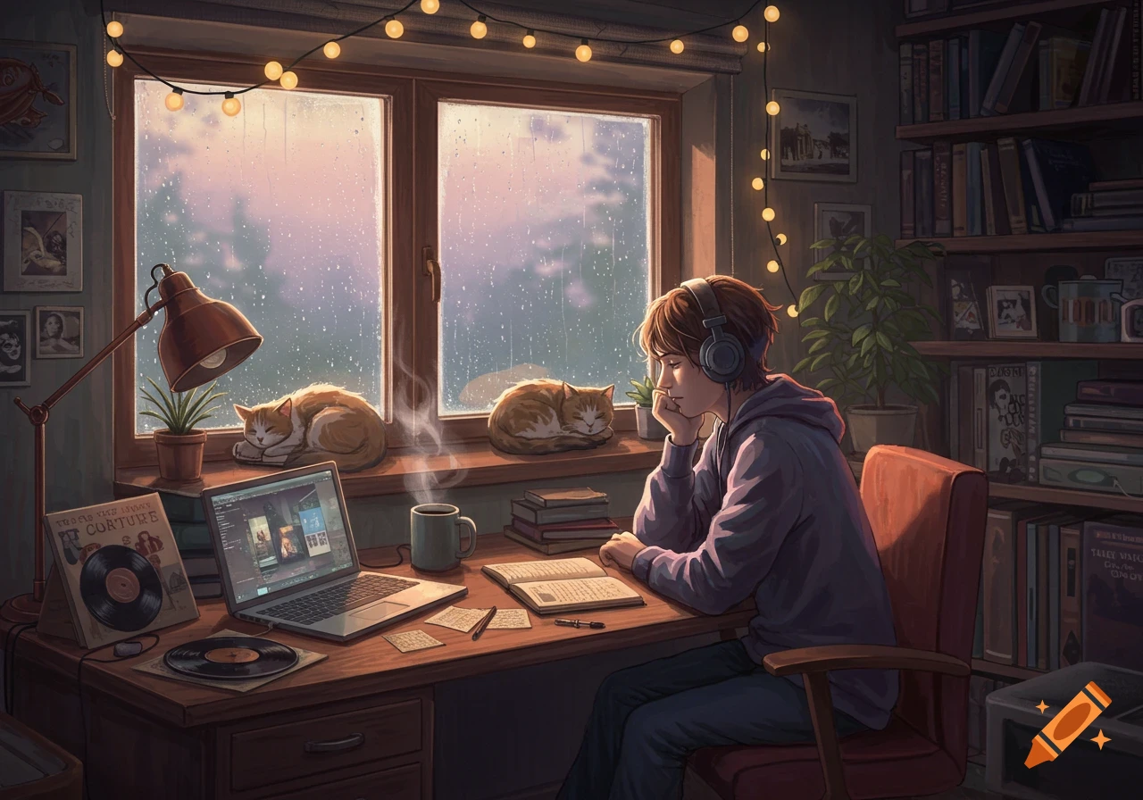 A person wearing headphones sits at a desk by a window, looking out at the rain. Two cats sleep on the windowsill. The desk has a laptop, books, and vinyl records. The room is lit with warm string lights.