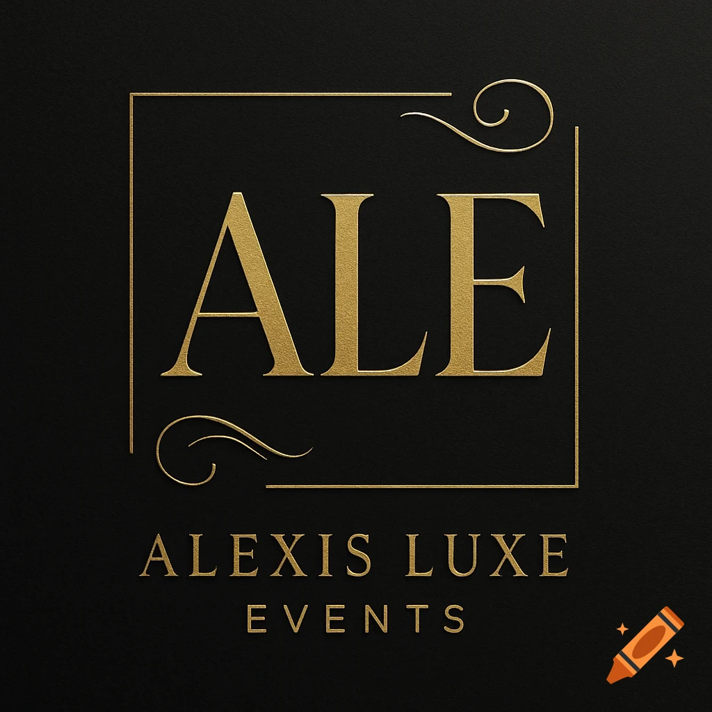 Gold logo with 'ALE' in a decorative frame, 'ALEXIS LUXE EVENTS' below, on a black background.