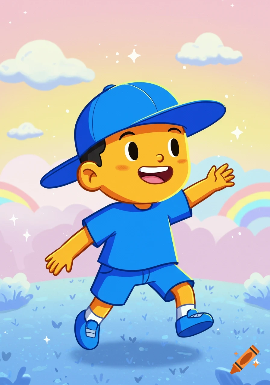 A happy yellow cartoon boy in a blue cap and clothes runs through a colorful, dreamy landscape with rainbows and clouds.
