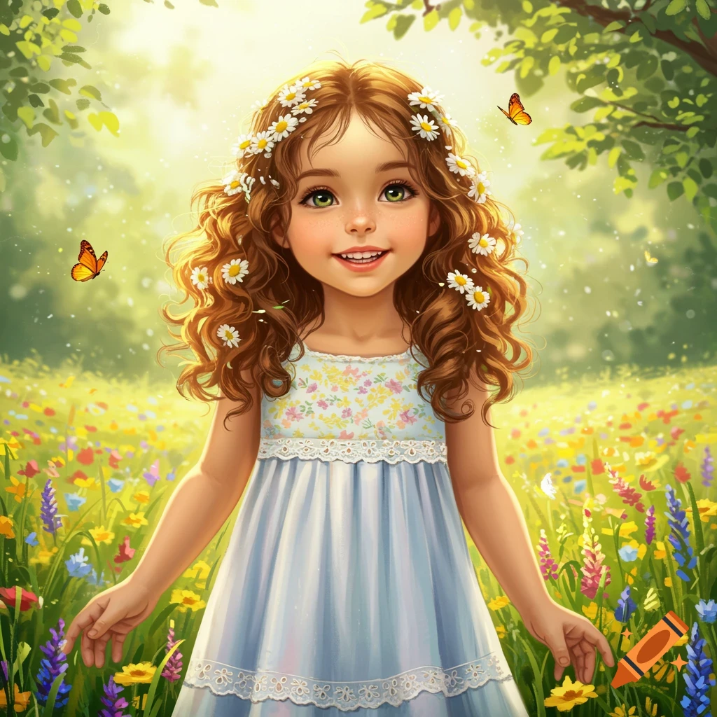 A cute girl with curly hair and daisies in her hair, smiling in a field of colorful wildflowers with butterflies.