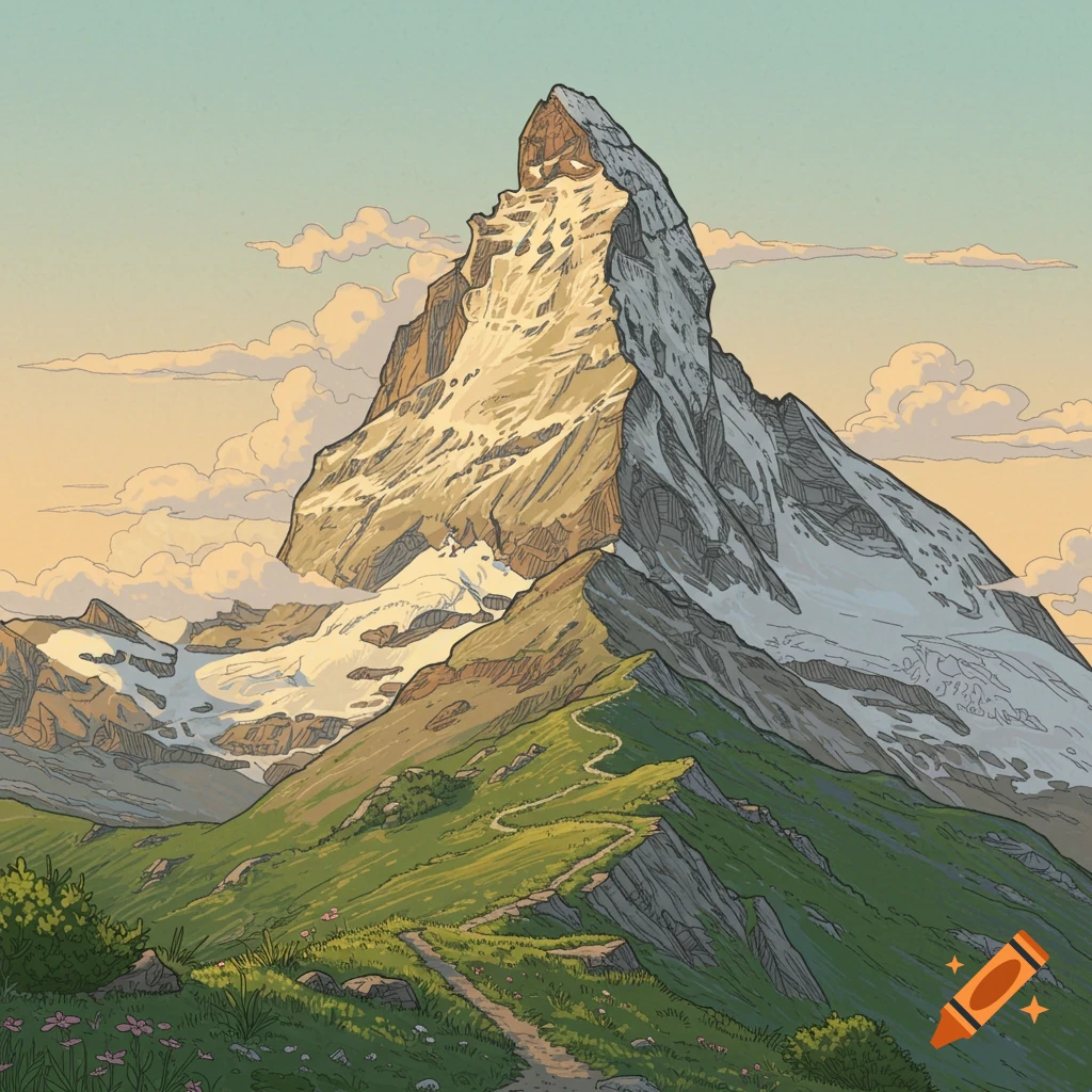 Hand-drawn illustration of a towering snow-capped mountain with a winding path leading up a green grassy slope.