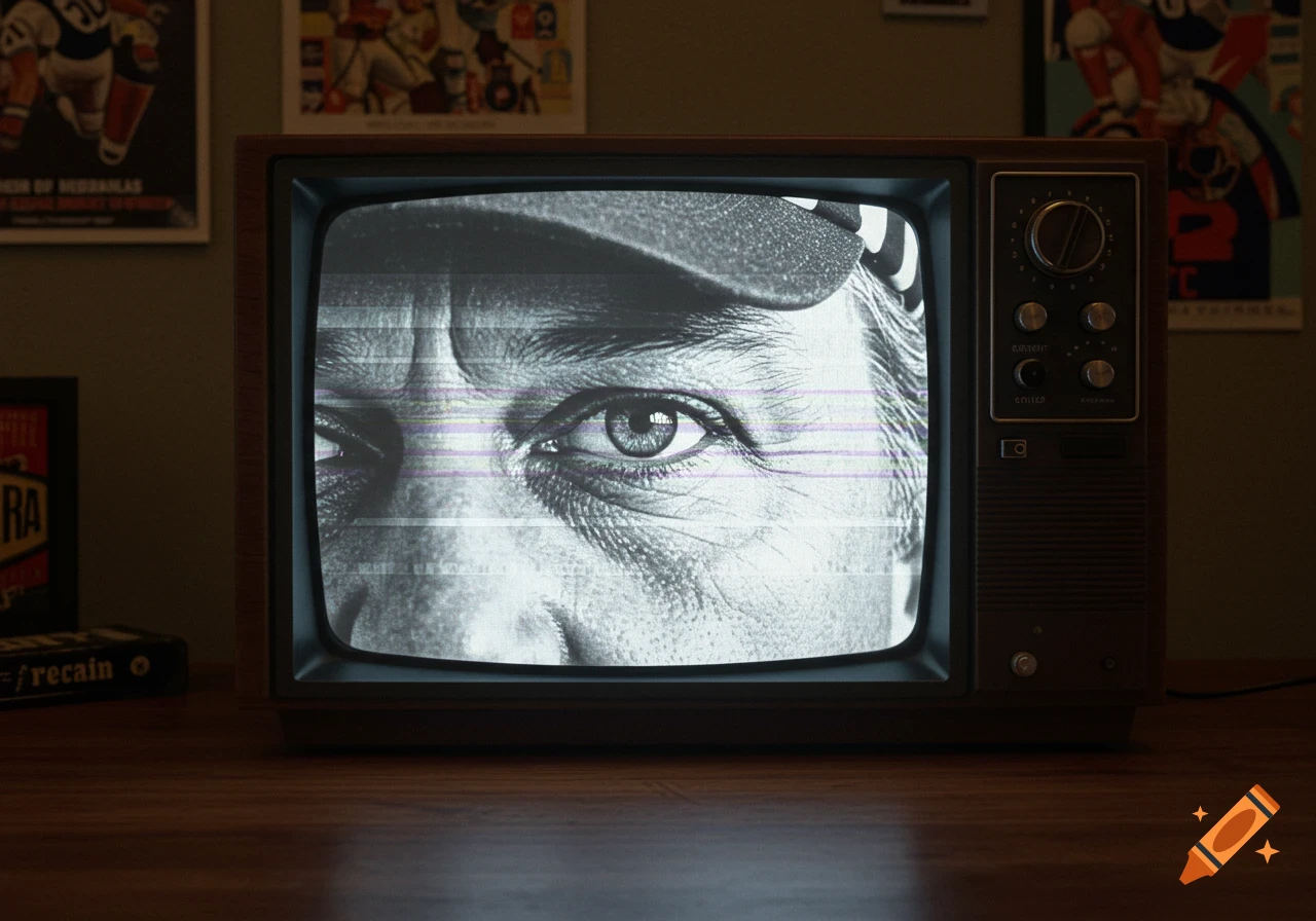 A close-up black and white image of a person's eye, possibly a referee, displayed on an old television screen with static lines.