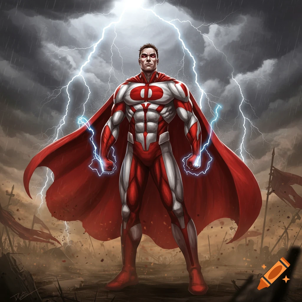 A muscular superhero in a red and white suit and red cape stands against a stormy sky with lightning, over a battlefield.