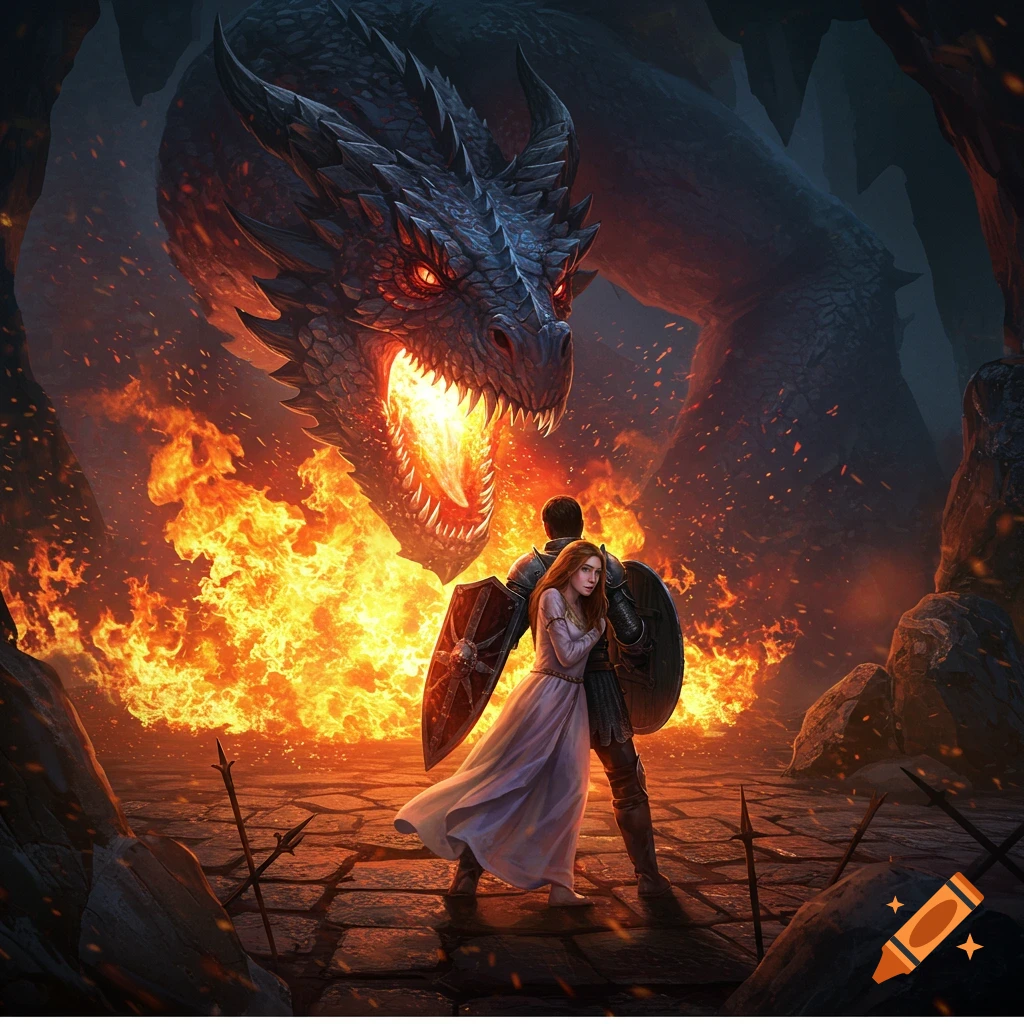 A knight shields a woman from a fire-breathing black dragon in a dark, fiery cavern.