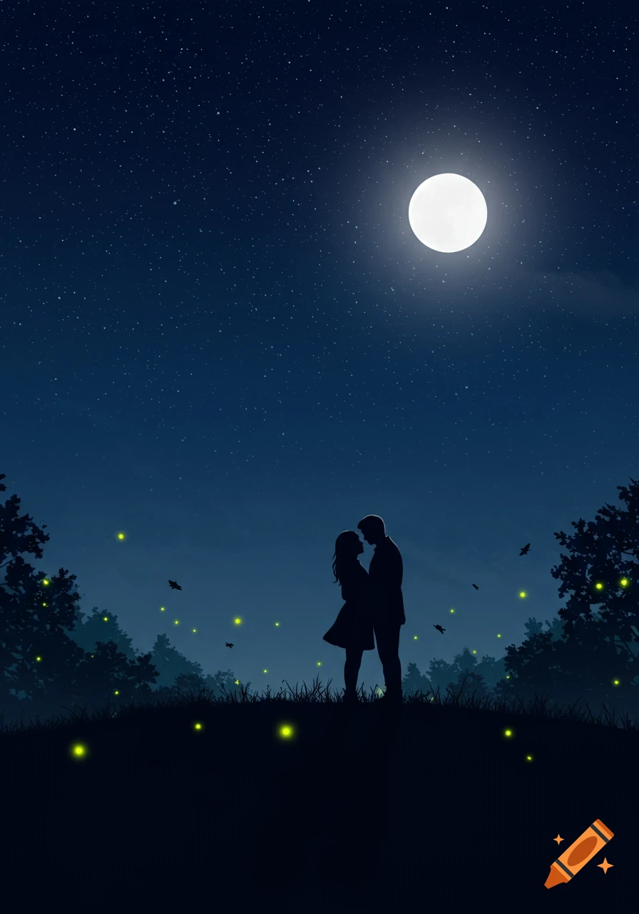Silhouette of a couple embracing under a bright full moon and starry night sky, with glowing fireflies in a dark field and trees.