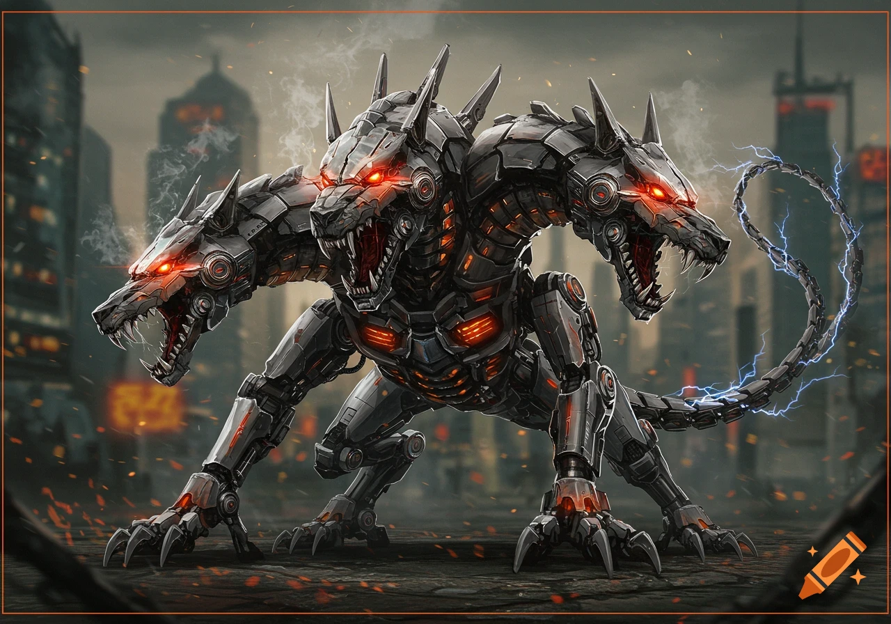 A powerful robotic three-headed Cerberus with glowing red eyes and an electrical whip tail stands in a destroyed city.
