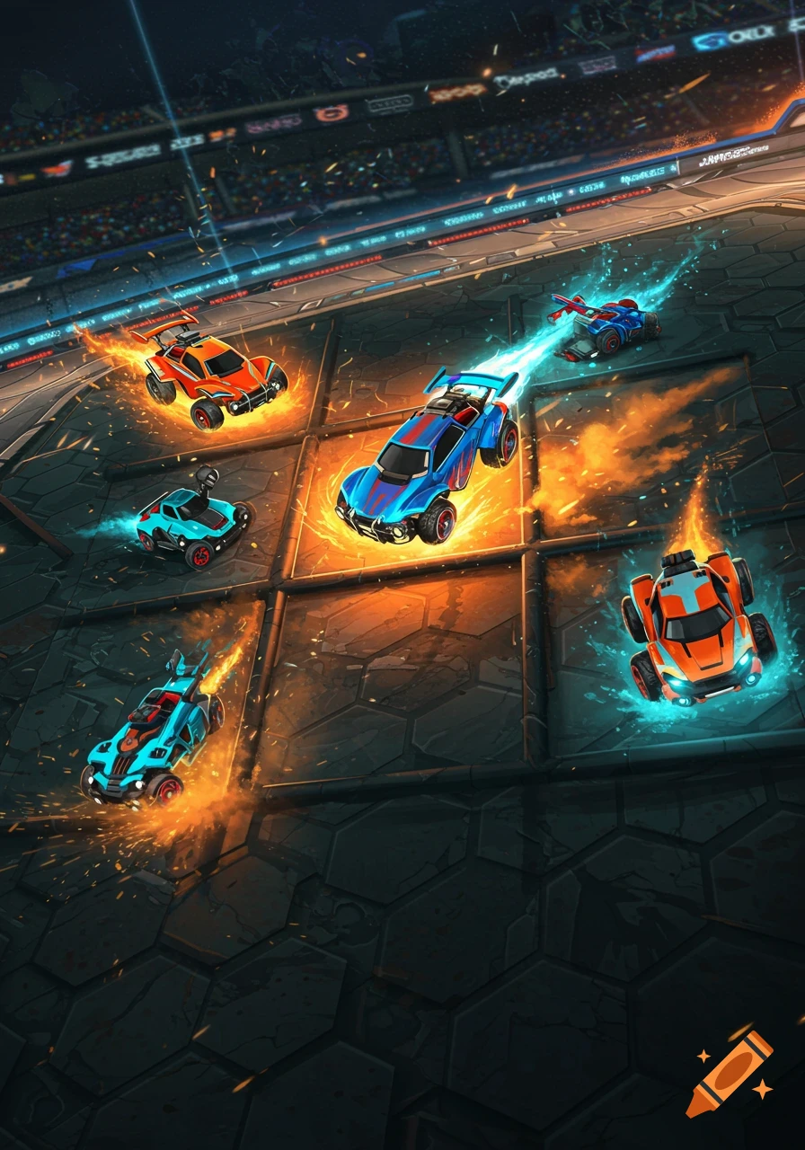 Rocket League-style image featuring six stylized cars on a tic-tac-toe grid, with fiery and blue boost trails, in a dark arena.