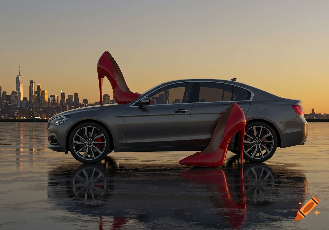 A photorealistic image of a gray sedan with two large red high heels as wheels, reflecting on a wet surface with a city skyline at sunset.