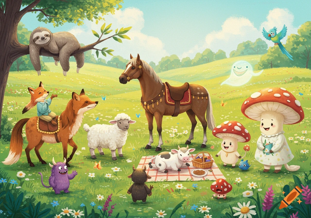 A whimsical outdoor scene with various cartoon animals and fantasy creatures, including a sloth, foxes, a horse, a sheep, a cow, mushrooms, a monster, a ghost, and a parrot.