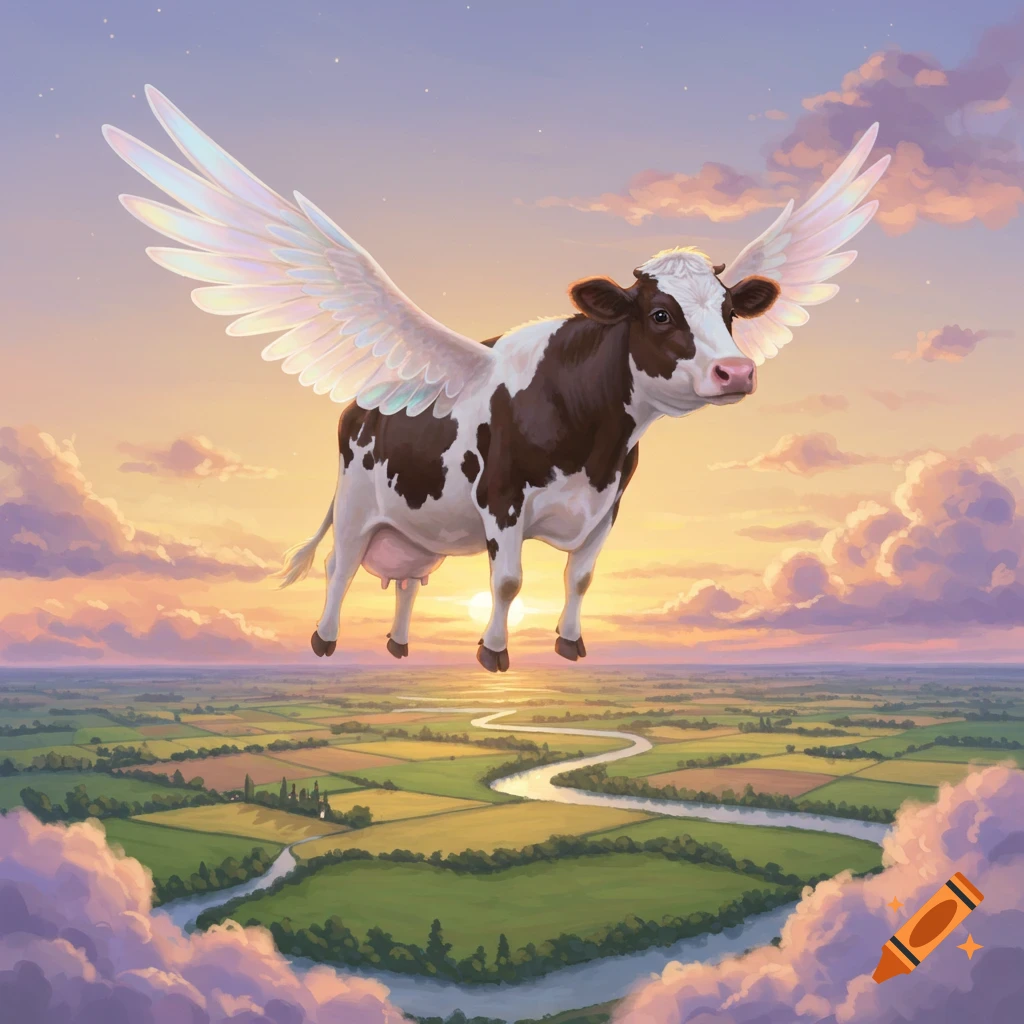 A brown and white cow with large white wings flies over a vibrant green landscape with a winding river at sunset, surrounded by purple clouds.
