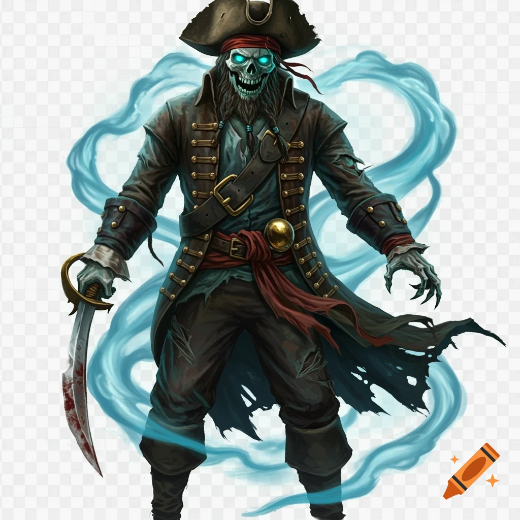 A skeletal undead pirate with glowing blue eyes, a tri-corner hat, and tattered clothing holds a bloody cutlass, surrounded by blue mist.