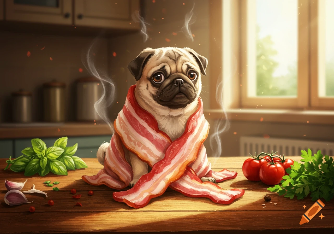 A cute pug dog wrapped in strips of bacon sits on a wooden kitchen counter, with herbs and tomatoes nearby, in an illustration style.