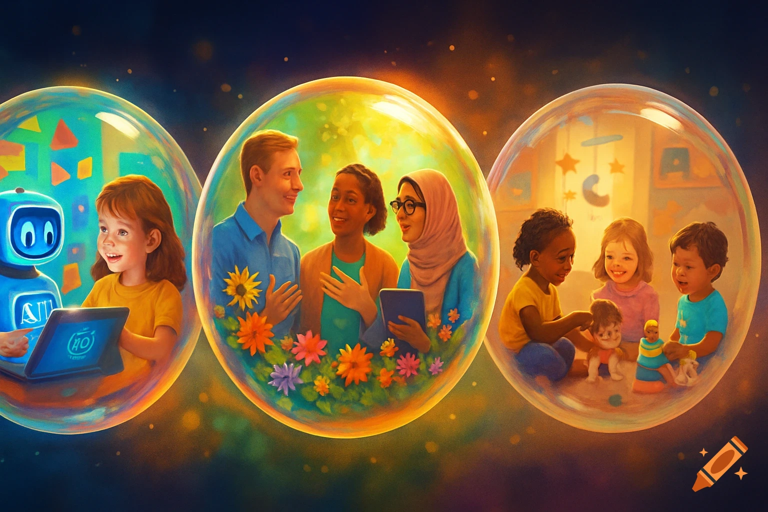 Three bubbles, each depicting a scene: a child with a robot and laptop, three adults discussing surrounded by flowers, and three children playing with toys. The overall style is illustrative and vibrant.