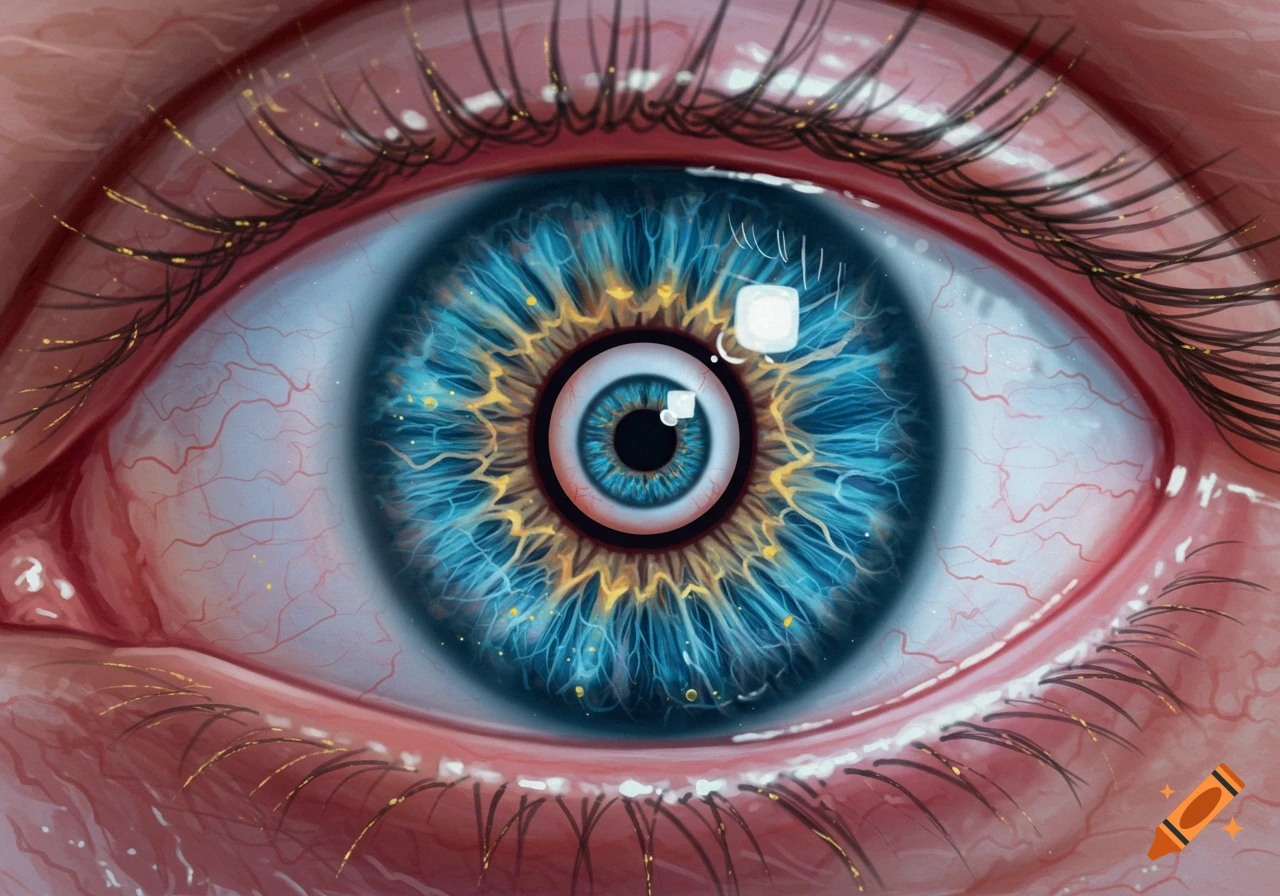 A hyperrealistic and abstract close-up of a human eye, featuring a blue and gold fractal-like iris with a smaller eye inside, red veins in the sclera, and dark lashes.