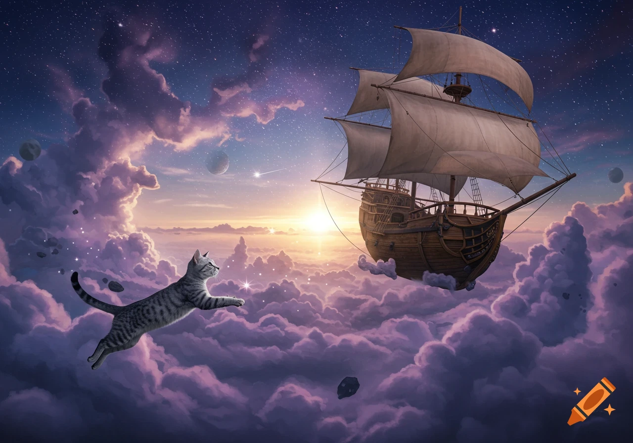 A grey tabby cat leaps through a surreal sky filled with purple clouds, stars, planets, and a floating wooden sailing ship.