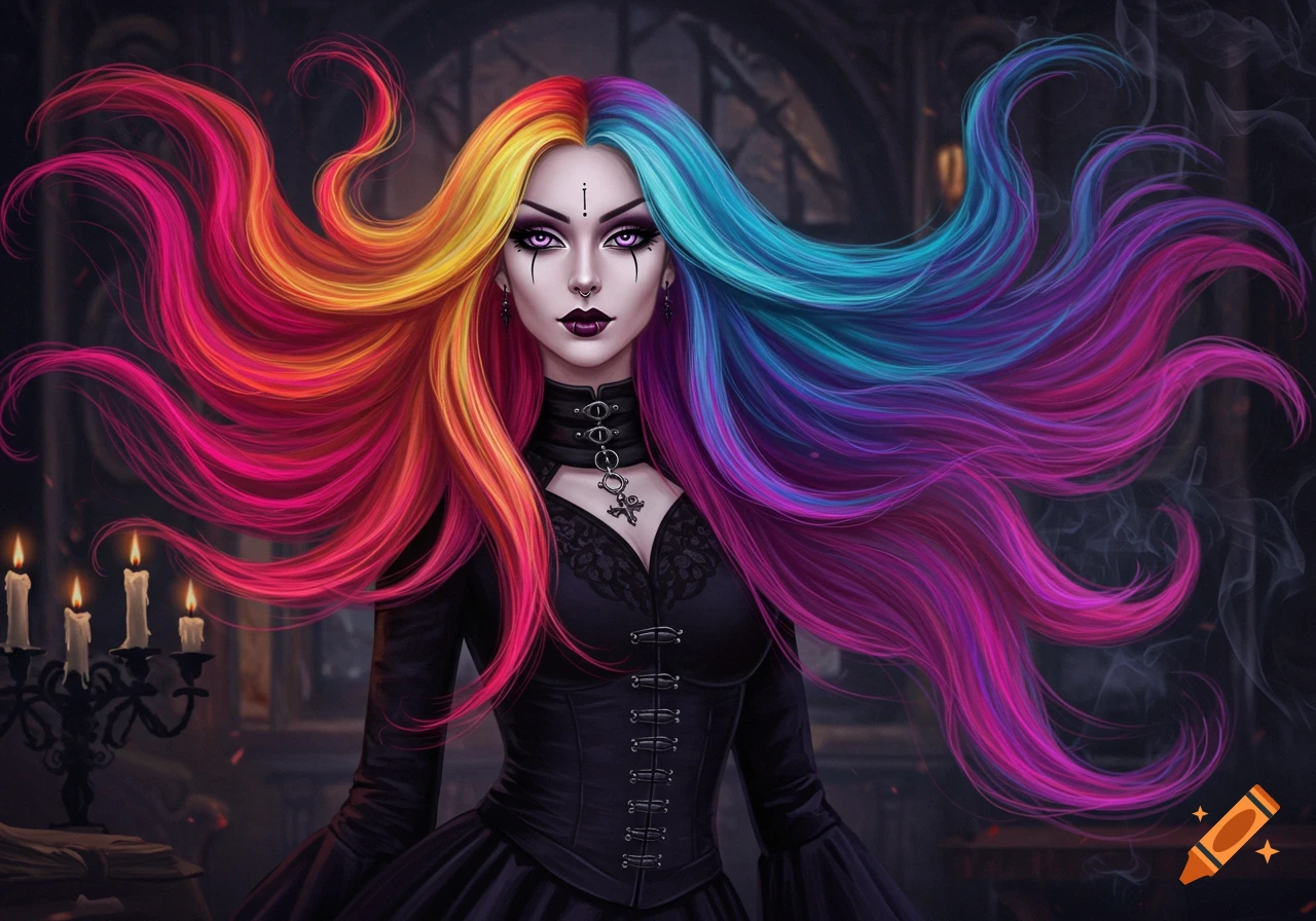 A gothic woman with long, flowing rainbow hair, dark makeup, and a black outfit stands in a shadowy room with candles.