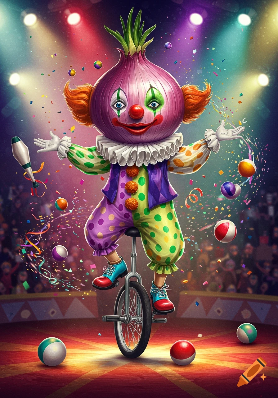 An anthropomorphic onion clown in a colorful polka-dot costume juggles and rides a unicycle in a circus arena.
